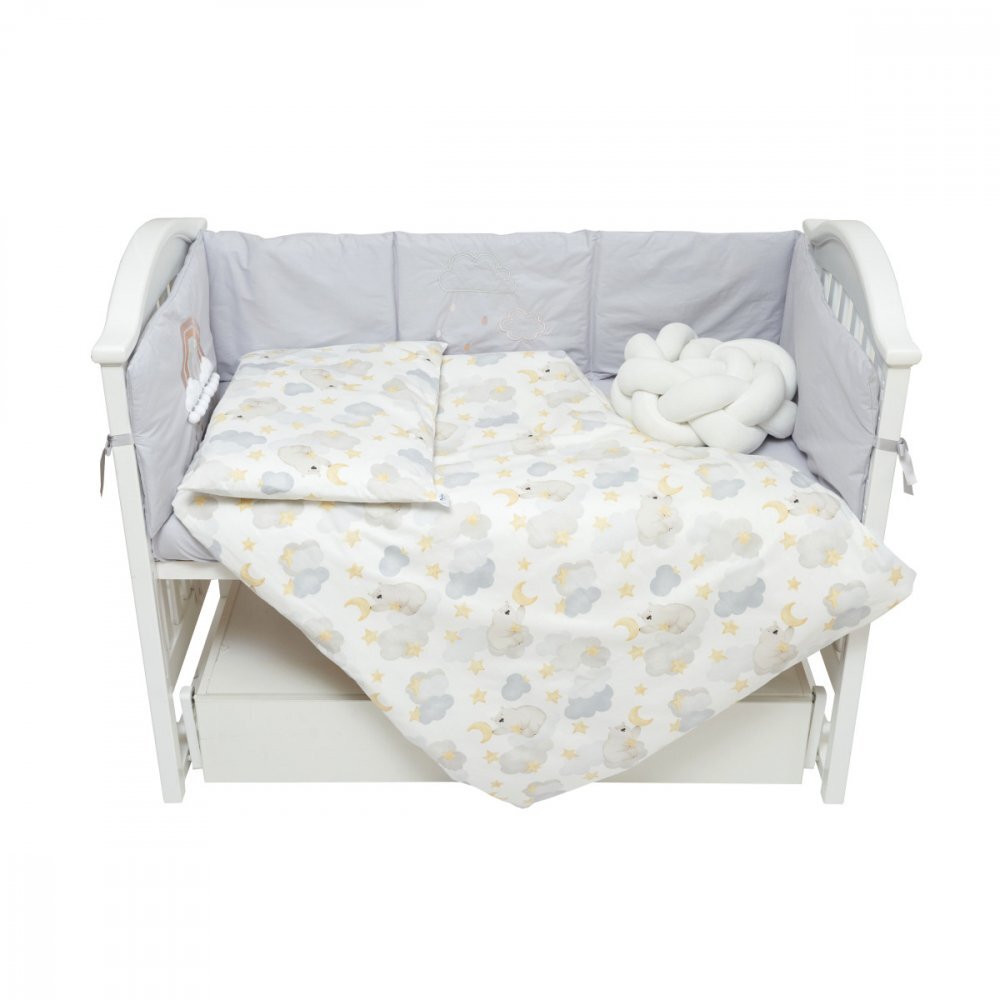 Twins Set de lenjerie din bumbac cu 7 piese pentru patut Fluffy Puffy albbej