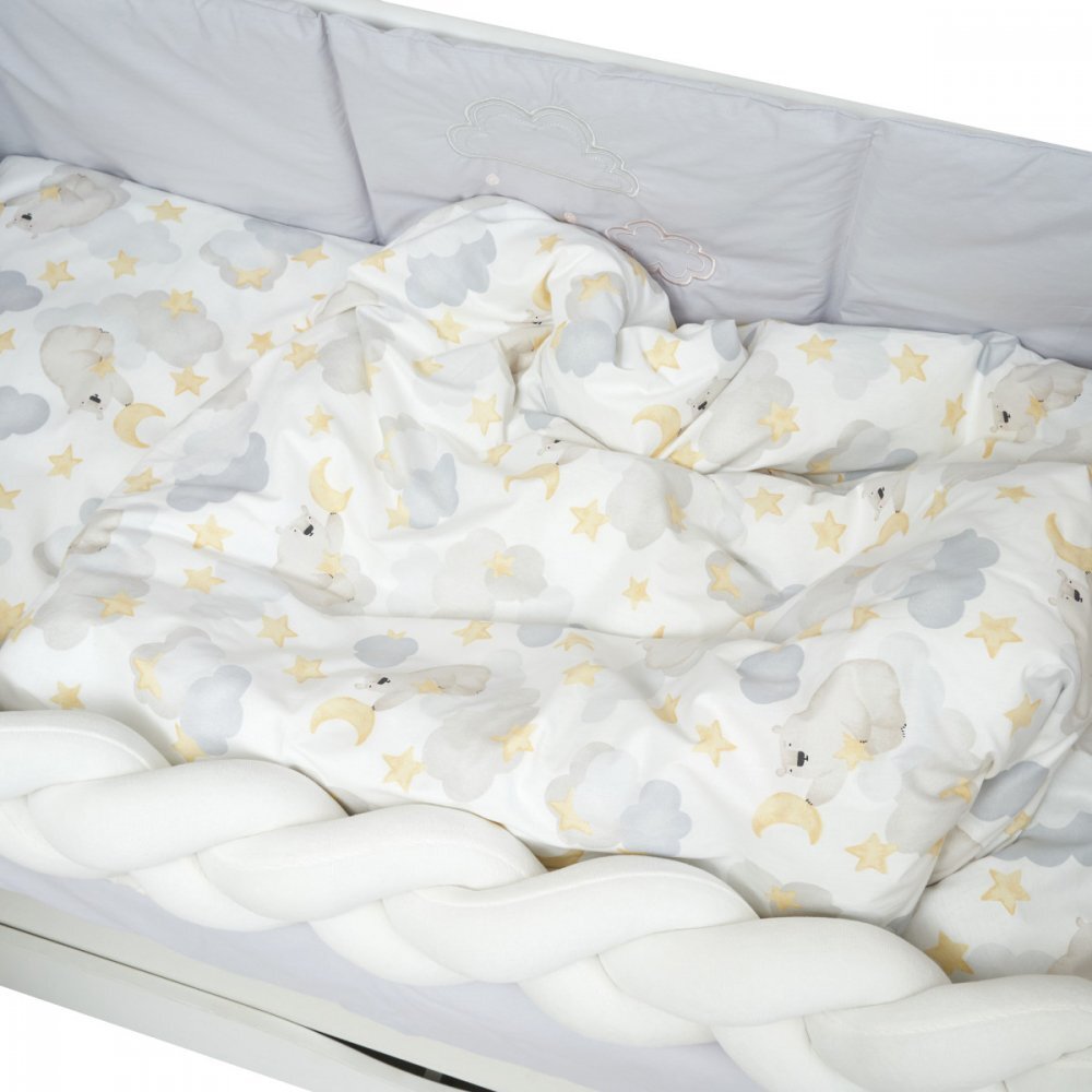 Twins Set de lenjerie din bumbac cu 7 piese pentru patut Fluffy Puffy albbej