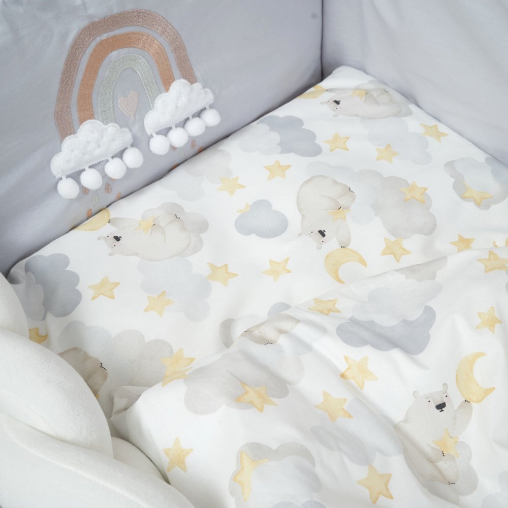 Twins Set de lenjerie din bumbac cu 7 piese pentru patut Fluffy Puffy albbej