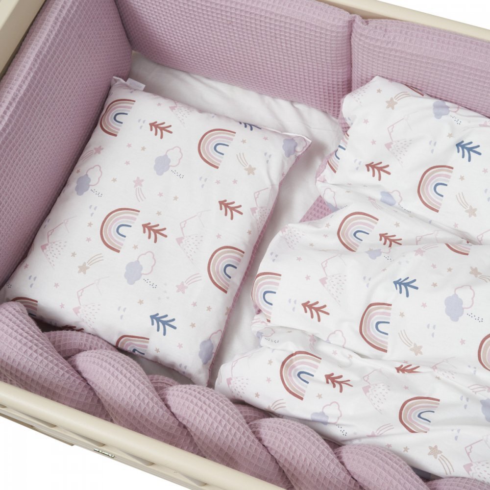 Twins Set de lenjerie din bumbac pentru patut cu 6 piese Waffle rozalb