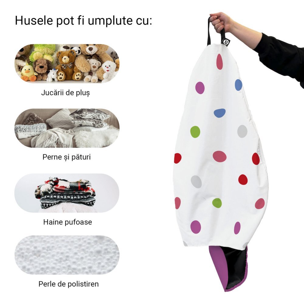 Updeco Husa fotoliu Puf Bean Bag tip Para L fara umplutura alb cu buline multicolore