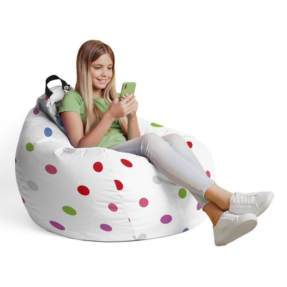 Updeco Husa fotoliu Puf Bean Bag tip Para L fara umplutura alb cu buline multicolore