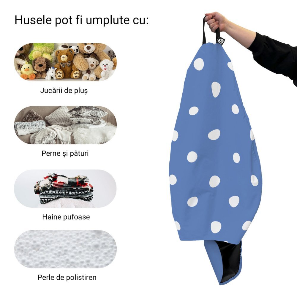 Updeco Husa fotoliu Puf Bean Bag tip Para L fara umplutura albastru cu buline albe