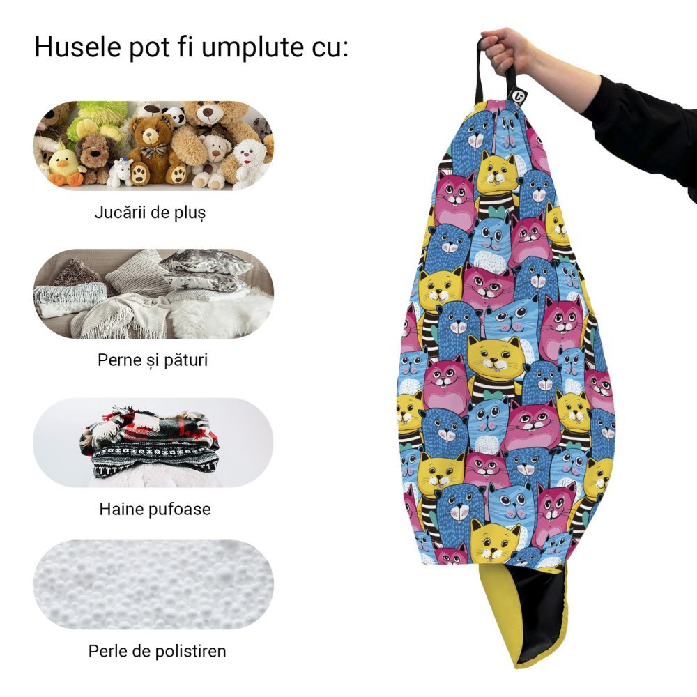 Updeco Husa fotoliu Puf Bean Bag tip Para L fara umplutura smiley cats