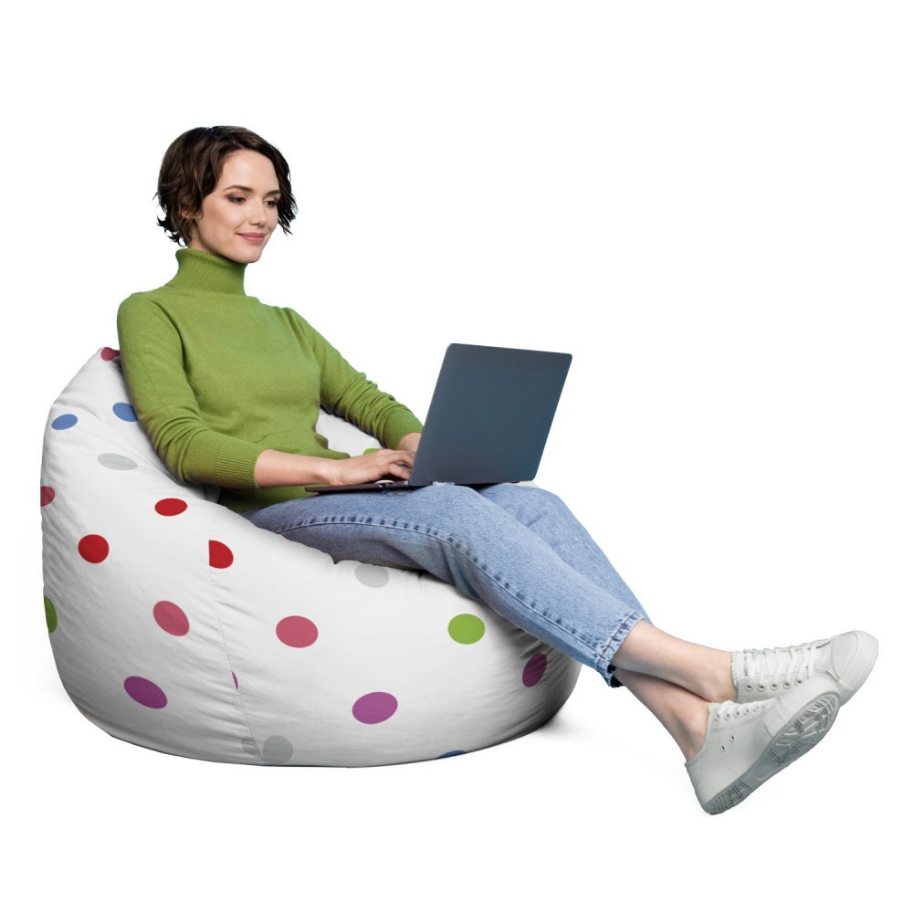Updeco Husa fotoliu Puf Bean Bag tip Para XL fara umplutura alb cu buline multicolore
