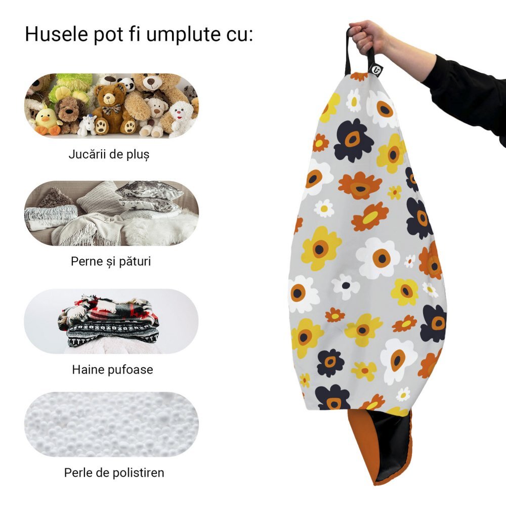 Updeco Husa fotoliu Puf Bean Bag tip Para XL fara umplutura Daisy fundal gri