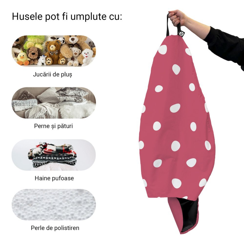 Updeco Husa fotoliu Puf Bean Bag tip Para XL fara umplutura roz cu buline albe
