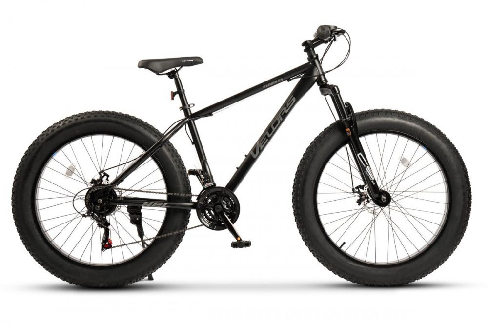 VELORS Bicicleta MTB-HT Fat Bike Hercules V2619D NegruGri roti 26 inch 21 Viteze Echipare Shimano Frane Disc Cauciucuri Late 26x4.0