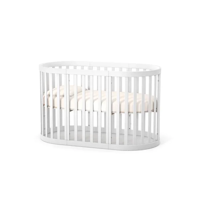 Veres Patut oval pentru copii 90140x70cm LD14 Alb din lemn masiv de fag 0-4 ani kit extensie 140x70cm inclus saltea inclusa inaltimea saltelei reglabila