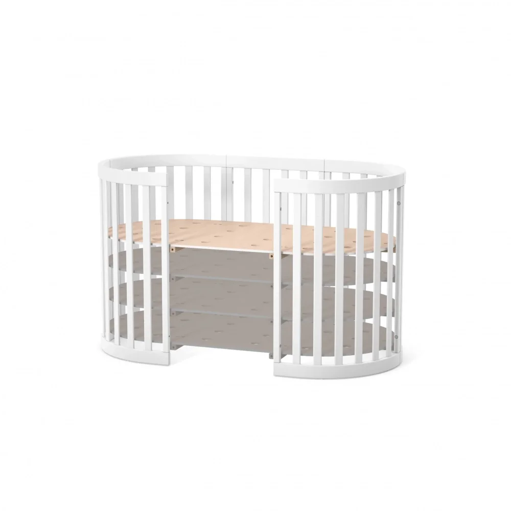 Veres Patut oval pentru copii 90140x70cm LD14 Alb din lemn masiv de fag 0-4 ani kit extensie 140x70cm inclus saltea inclusa inaltimea saltelei reglabila