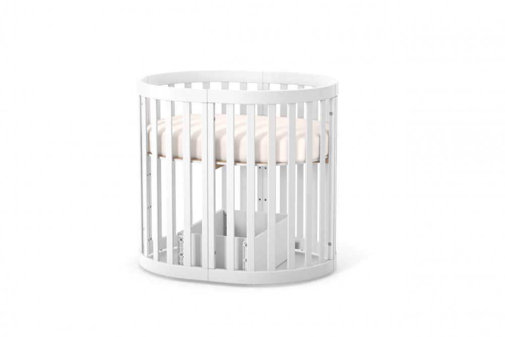 Veres Patut oval pentru copii 90140x70cm LD14 Alb din lemn masiv de fag 0-4 ani kit extensie 140x70cm inclus saltea inclusa inaltimea saltelei reglabila