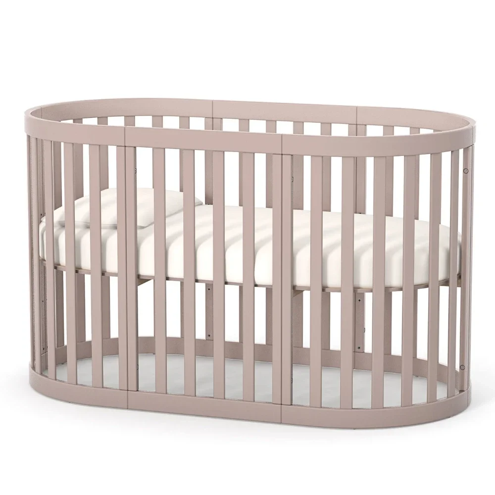 Veres Patut oval pentru copii 90140x70cm LD14 Bej din lemn masiv de fag 0-4 ani kit extensie 140x70cm inclus saltea inclusa inaltimea saltelei reglabila