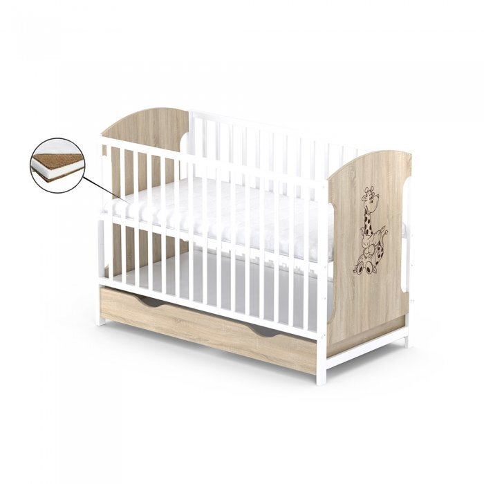 Vessanti Patut cu sertar Milo Girafa Stejar cu alb + Saltea Cocos 10 cm