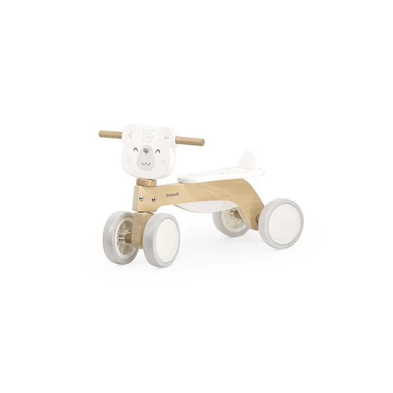 Viga Ride-on pentru copii din lemn PolarB Urs polar alb roti din cauciuc Eva recomandat copiilor de la 12 luni actionat cu picioarele