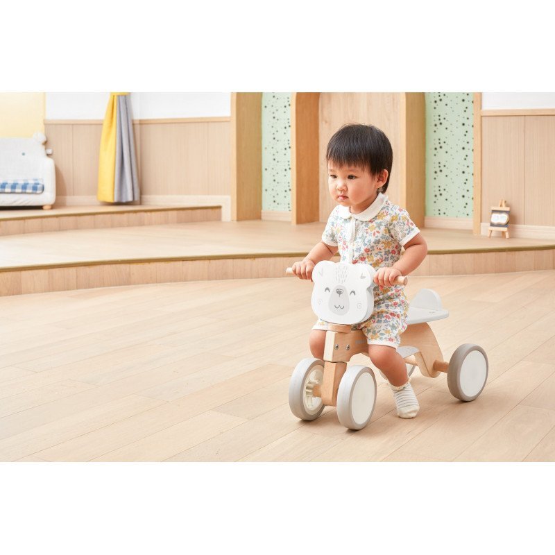 Viga Ride-on pentru copii din lemn PolarB Urs polar alb roti din cauciuc Eva recomandat copiilor de la 12 luni actionat cu picioarele