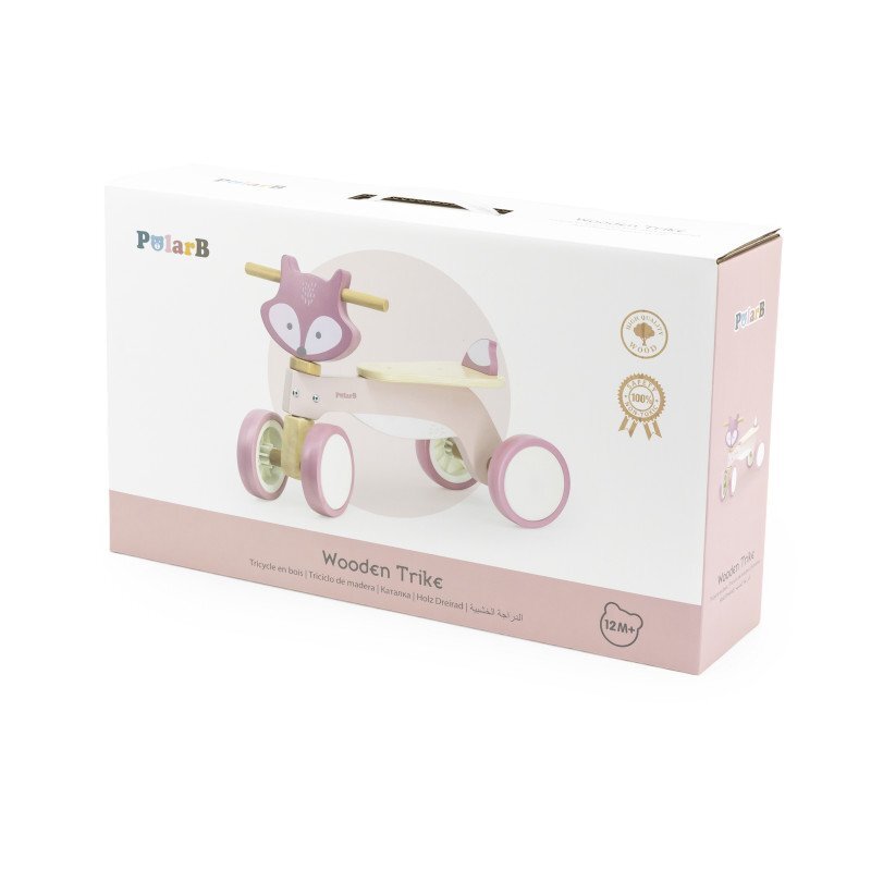 Viga Ride-On pentru copii din lemn PolarB Vulpe roz roti din cauciuc Eva recomandat copiilor de la 12 luni actionat cu picioarele