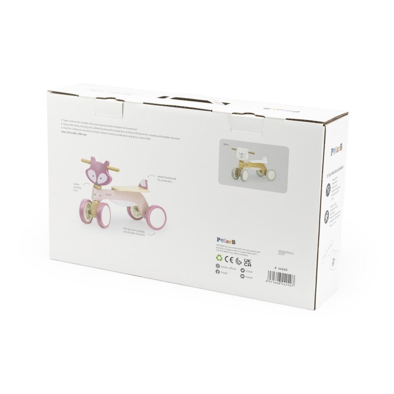 Viga Ride-On pentru copii din lemn PolarB Vulpe roz roti din cauciuc Eva recomandat copiilor de la 12 luni actionat cu picioarele