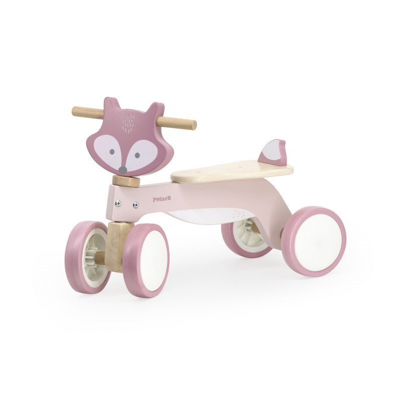 Viga Ride-On pentru copii din lemn PolarB Vulpe roz roti din cauciuc Eva recomandat copiilor de la 12 luni actionat cu picioarele