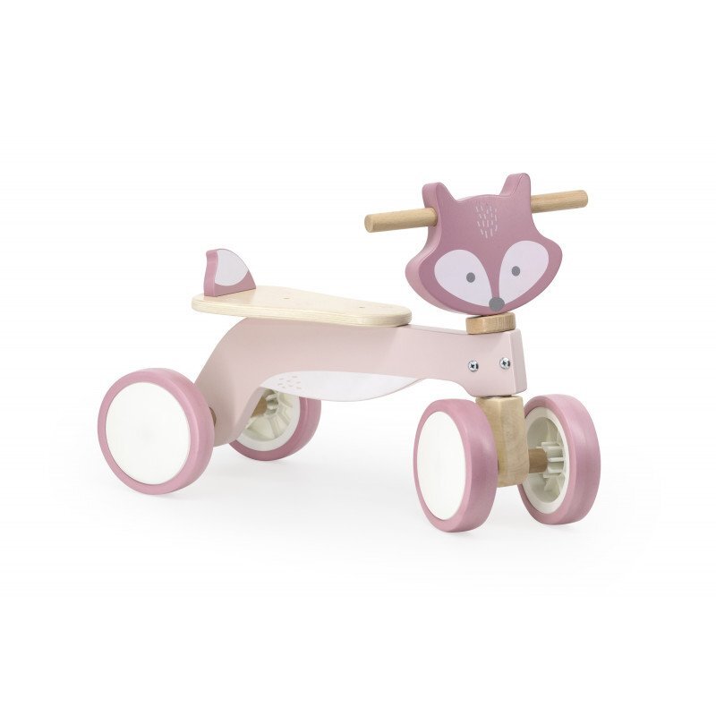 Viga Ride-On pentru copii din lemn PolarB Vulpe roz roti din cauciuc Eva recomandat copiilor de la 12 luni actionat cu picioarele