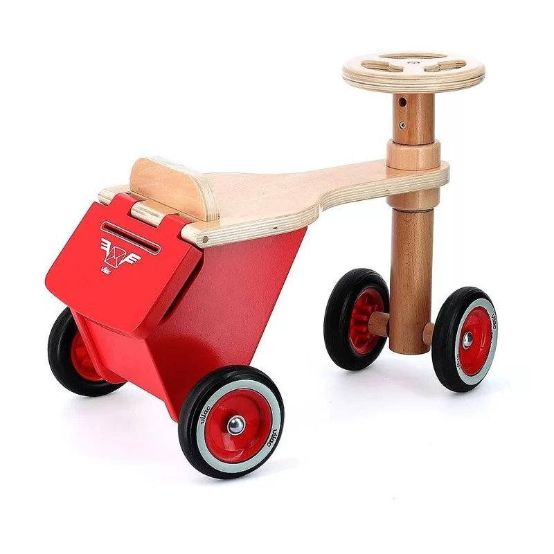 VILAC Tricicleta copii fara pedale Triporteur Petit Postier din lemn ideala pentru copii de la 18 luni cu roti silentioase cutie depozitare si cutie pentru scrisori
