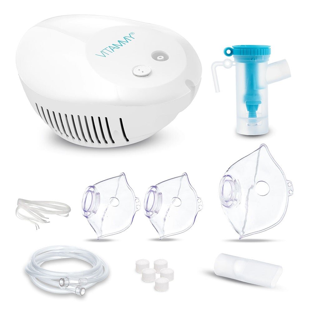 VITAMMY Aparat de aerosoli eNEB nebulizator cu compresor 3 moduri de nebulizare 3 masti piesa bucala furtun de 1.6 m 5 filtre aer si oprire automata