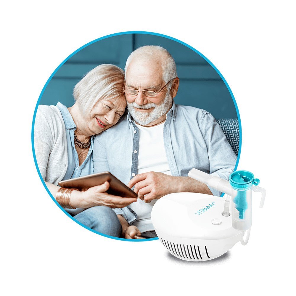 VITAMMY Aparat de aerosoli eNEB nebulizator cu compresor 3 moduri de nebulizare 3 masti piesa bucala furtun de 1.6 m 5 filtre aer si oprire automata
