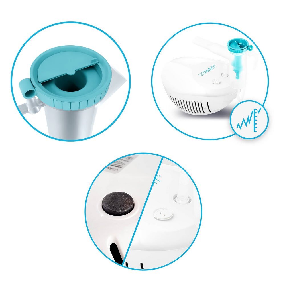 VITAMMY Aparat de aerosoli eNEB nebulizator cu compresor 3 moduri de nebulizare 3 masti piesa bucala furtun de 1.6 m 5 filtre aer si oprire automata