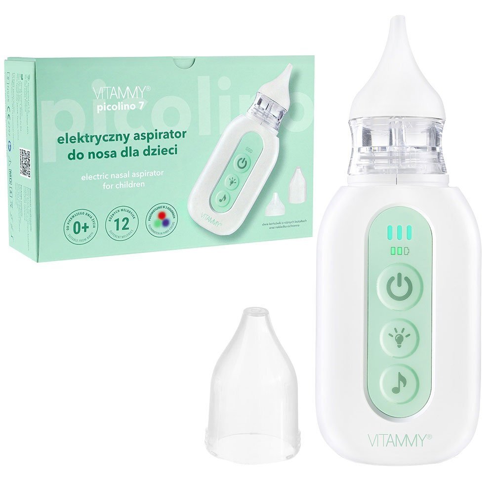 VITAMMY Aspirator nazal electric pentru copii din prima zi de viata Picolino 7 cu 2 capete de schimb 3 niveluri de putere 12 melodii iluminare colorata si incarcare USB-C