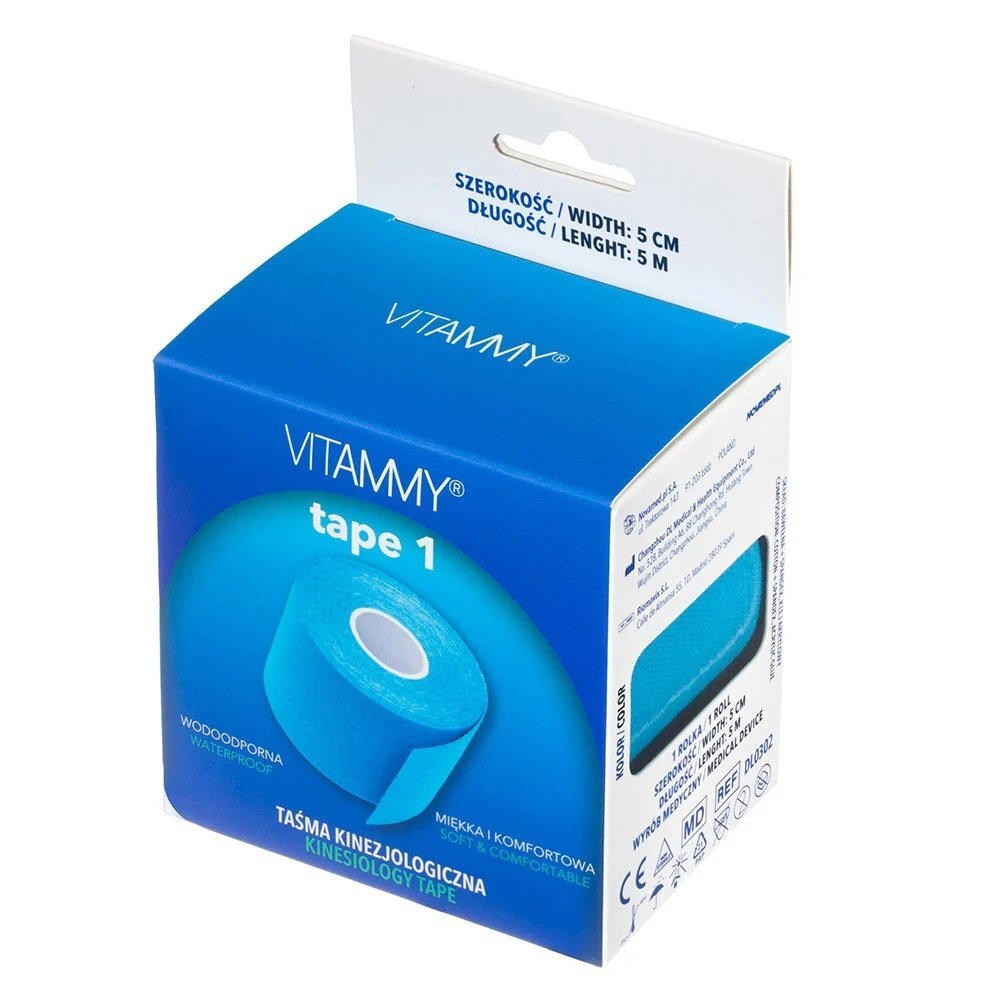 VITAMMY Banda Kinesiologica Tape 1 impermeabila moale si confortabila fara latex 5 cm x 5 m albastru