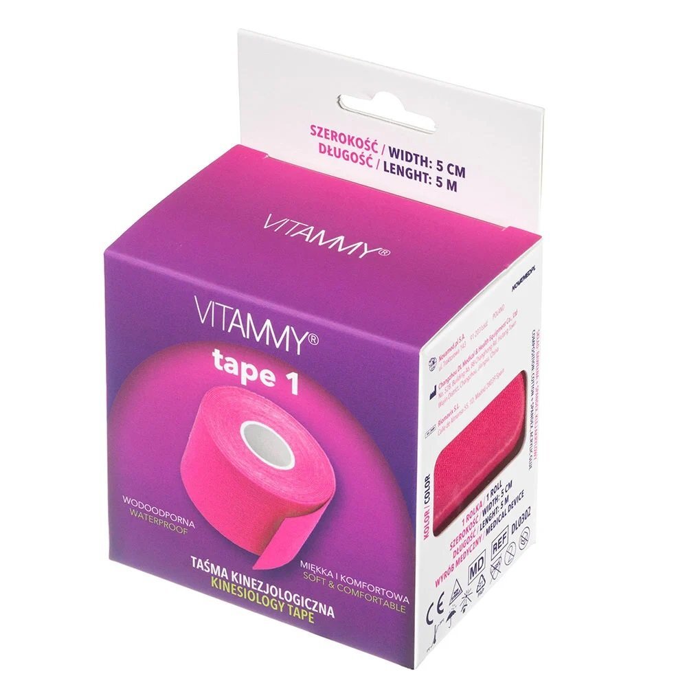 VITAMMY Banda Kinesiologica Tape 1 impermeabila moale si confortabila fara latex 5 cm x 5 m roz