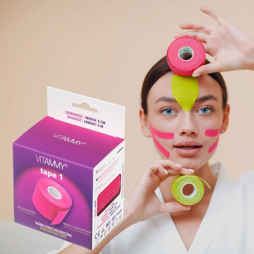 VITAMMY Banda Kinesiologica Tape 1 impermeabila moale si confortabila fara latex 5 cm x 5 m roz
