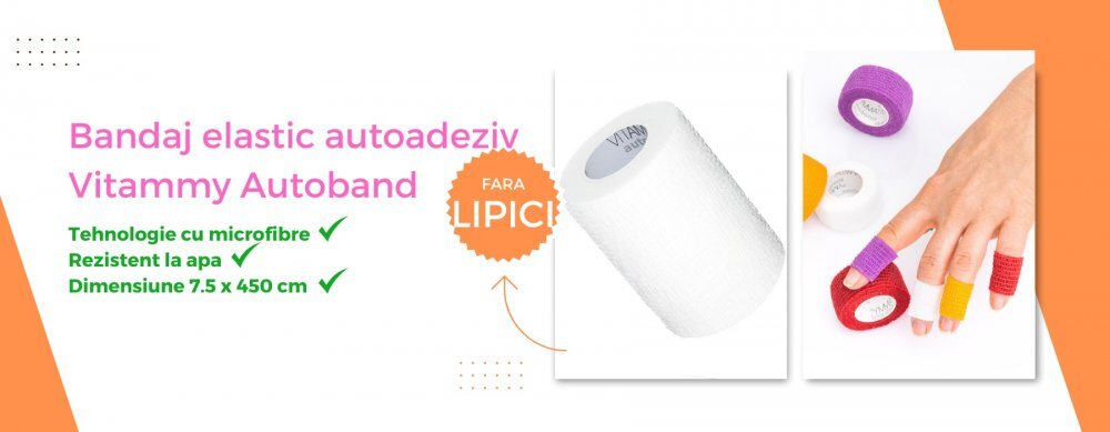 VITAMMY Bandaj elastic autoadeziv Autoband tehnologie cu microfibre fara lipici rezistent la apa 7.5x450 cm alb