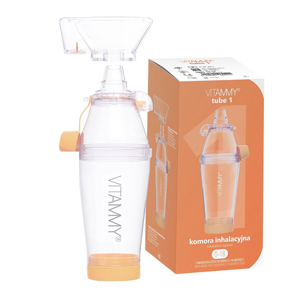 VITAMMY Camera de inhalare Tube 1 cu masca pentru copii 0-18 luni capacitate de 198 ml materiale de calitate si sigure fara BPA si latex