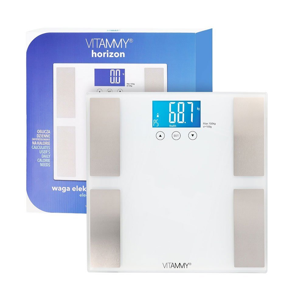 VITAMMY Cantar corporal electronic multifunctional Horizon Alb pentru intreaga familie analiza corporala completa 10 utilizatori greutate maxima 150 kg
