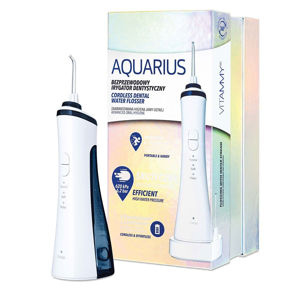 VITAMMY Irigator oral dus bucal Aquarius varf rotativ la 360 de grade 150 ml alb