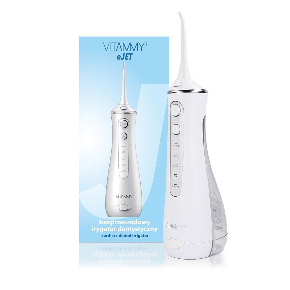 VITAMMY Irigator oral eJET cu 4 moduri de functionare 5 duze interschimbabile reincarcare prin USB functia GentleStart si SmartTimer rezervor 200 ml