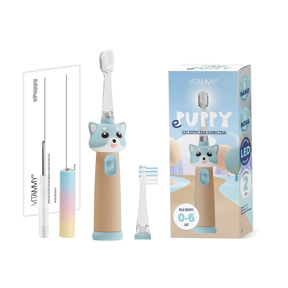 VITAMMY Periuta de dinti electrica ePUPPY Bleu pentru copii 0-6 ani cu lumina LED 24.000 de miscari sonice pe minut 2 capete periuta incluse 2 moduri de functionare si timer