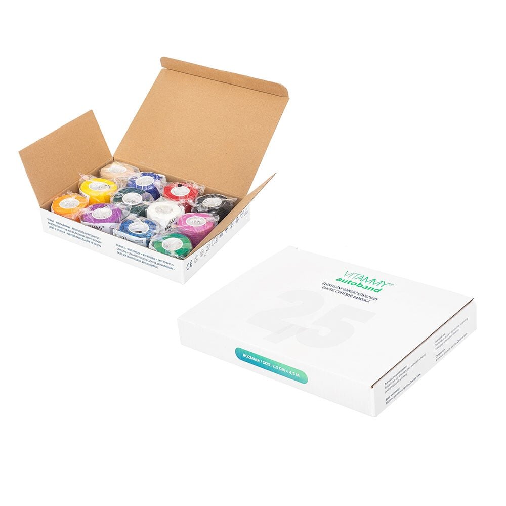 VITAMMY Set 12 bandaje elastice autoadezive Autoband Multicolor tehnologie cu microfibre fara lipici rezistent la apa 2.5 x 450 cm