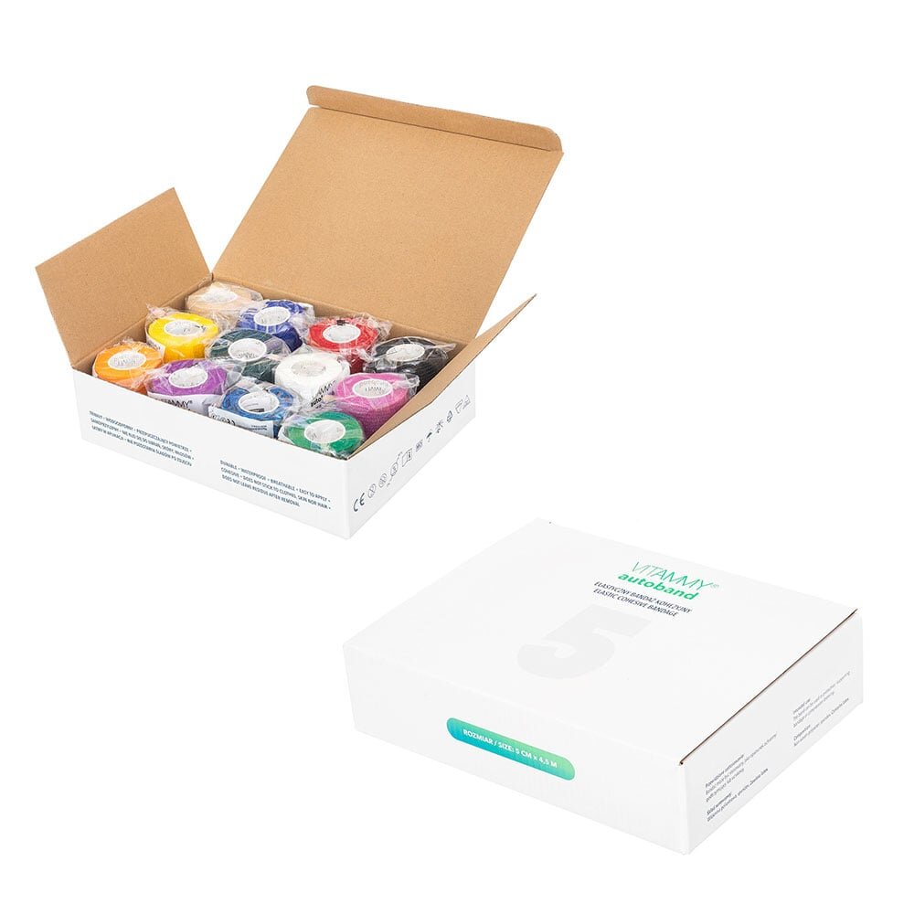 VITAMMY Set 12 bandaje elastice autoadezive Autoband Multicolor tehnologie cu microfibre fara lipici rezistent la apa 5 x 450 cm