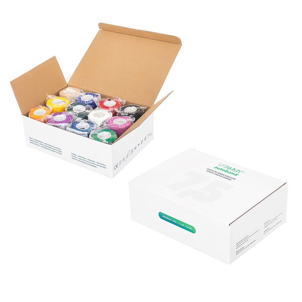 VITAMMY Set 12 bandaje elastice autoadezive Autoband Multicolor tehnologie cu microfibre fara lipici rezistent la apa 7.5 x 450 cm