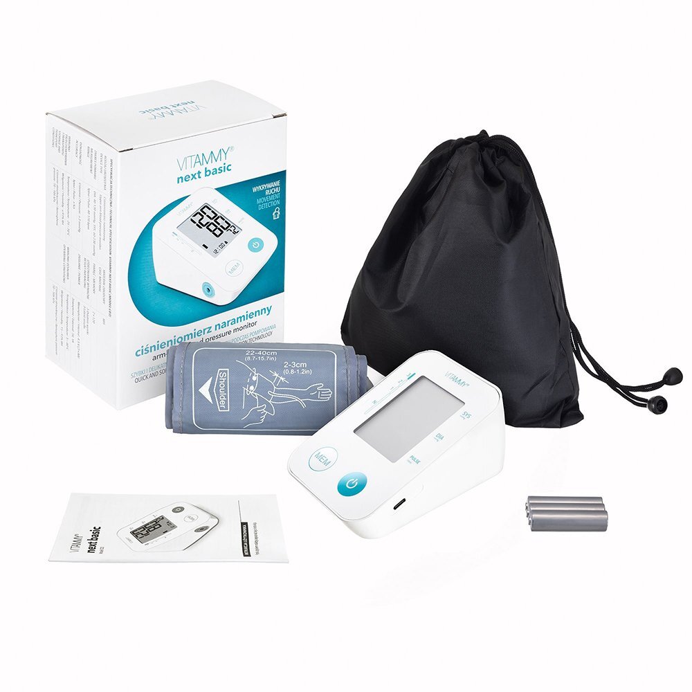 VITAMMY Tensiometru electronic de brat Next Basic Alb cu mufa USB detectare aritmie detectie miscarea corpului memorare 2 utilizatori si manseta 22-40 cm