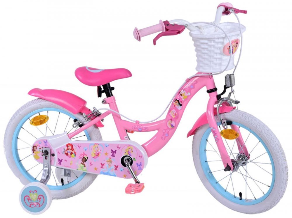 Volare Bicicleta pentru copii EL Disney Princess 16 inch FW frana de mana pe ambele roti scaun si ghidon reglabil cosulet pe ghidon roti gonflabile stopuri reflectorizante