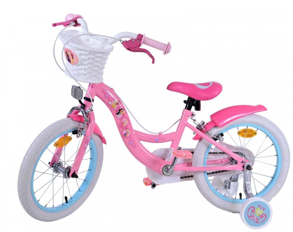 Volare Bicicleta pentru copii EL Disney Princess 16 inch FW frana de mana pe ambele roti scaun si ghidon reglabil cosulet pe ghidon roti gonflabile stopuri reflectorizante