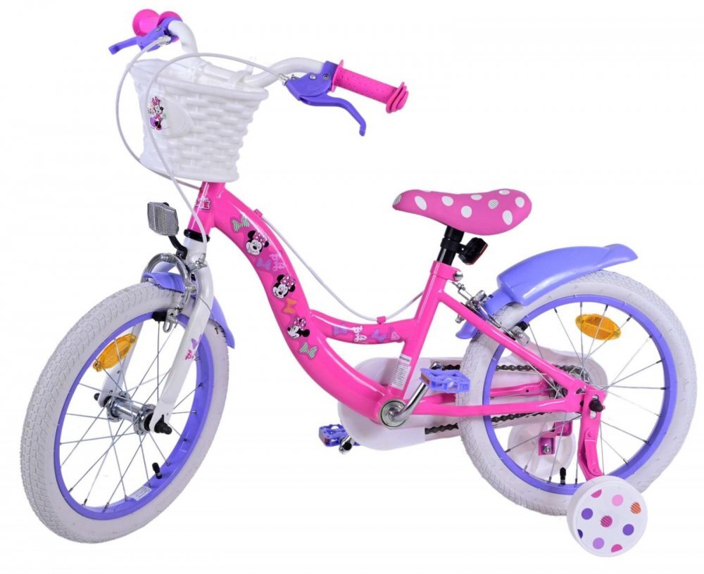 Volare Bicicleta pentru copii EL Minnie Mouse 16 inch Bow Tie frana de mana pe ambele roti scaun si ghidon reglabil cosulet pe ghidon roti gonflabile stopuri reflectorizante