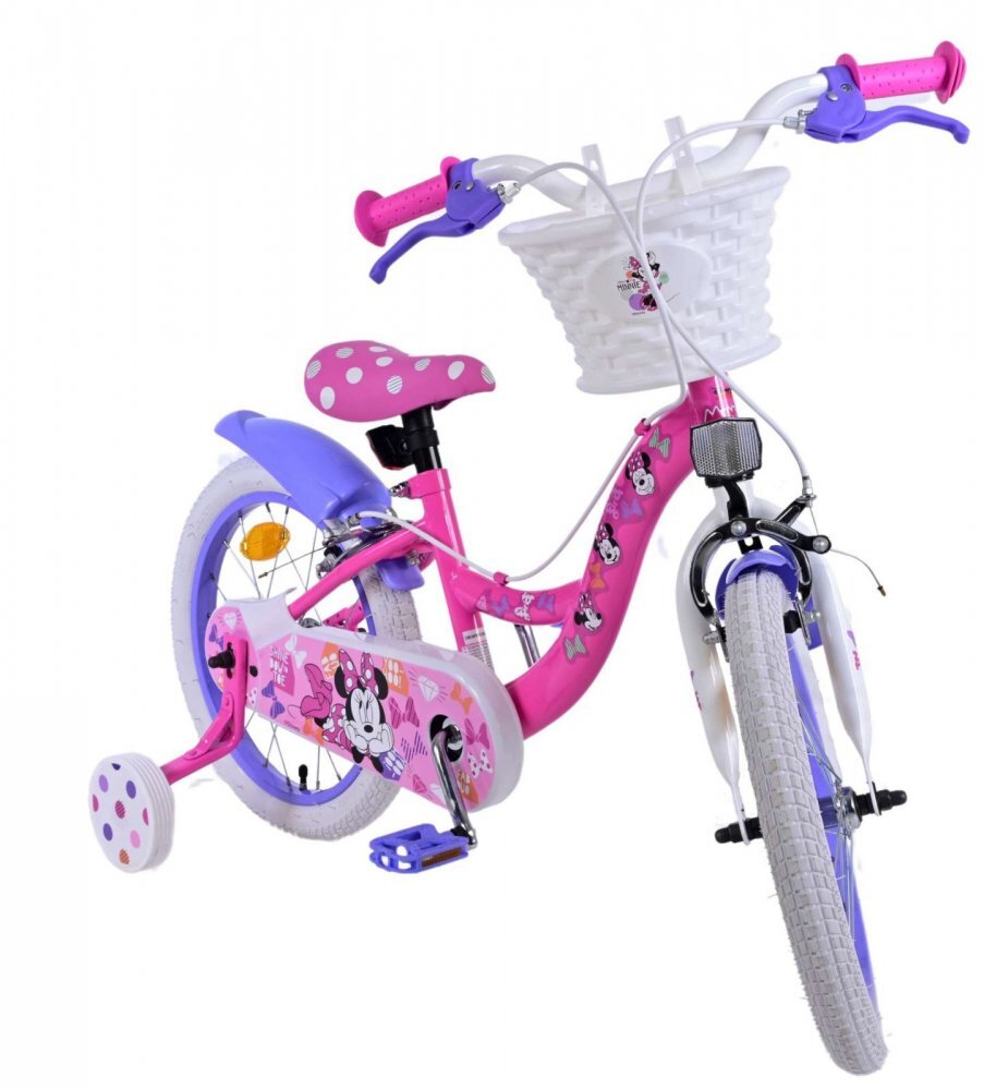 Volare Bicicleta pentru copii EL Minnie Mouse 16 inch Bow Tie frana de mana pe ambele roti scaun si ghidon reglabil cosulet pe ghidon roti gonflabile stopuri reflectorizante