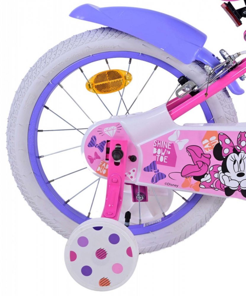 Volare Bicicleta pentru copii EL Minnie Mouse 16 inch Bow Tie frana de mana pe ambele roti scaun si ghidon reglabil cosulet pe ghidon roti gonflabile stopuri reflectorizante