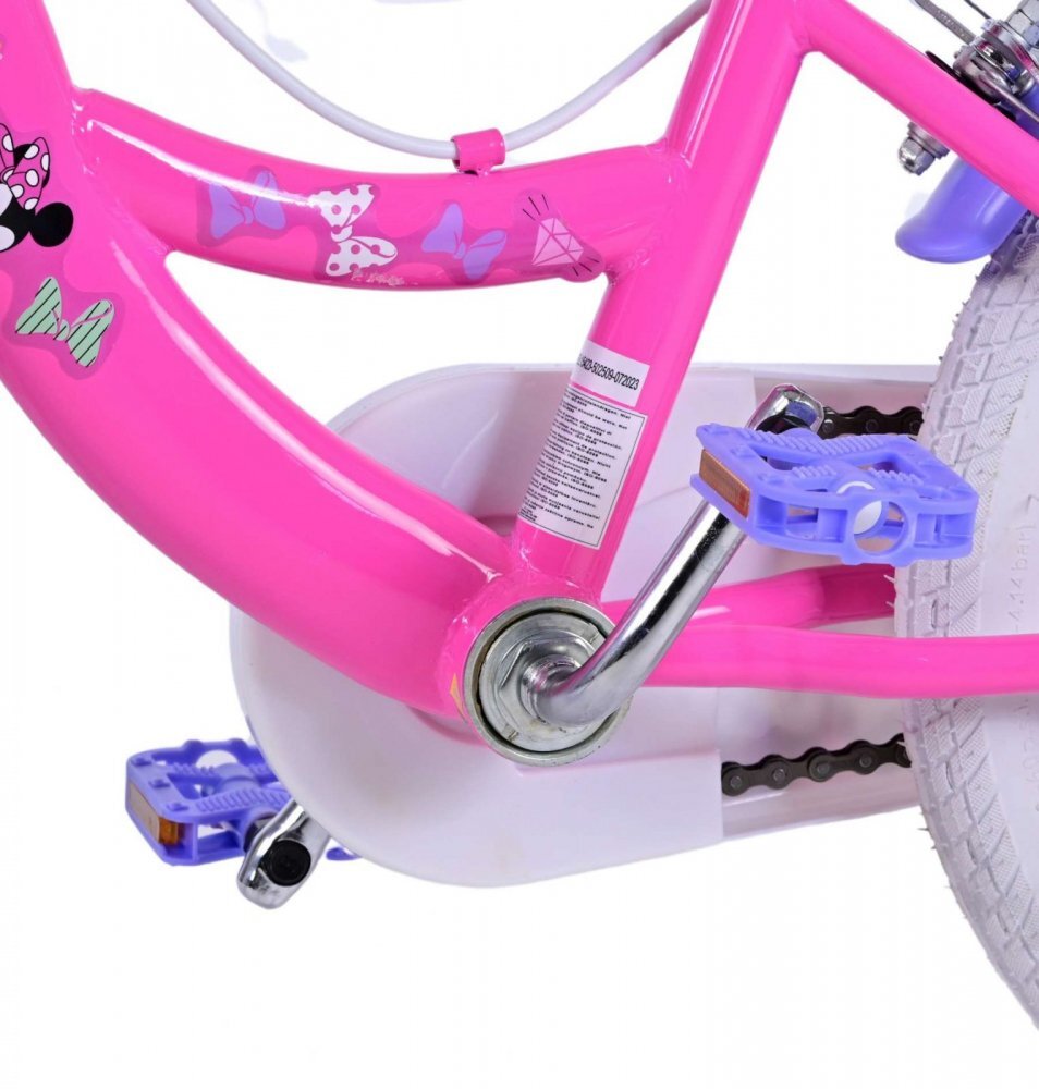 Volare Bicicleta pentru copii EL Minnie Mouse 16 inch Bow Tie frana de mana pe ambele roti scaun si ghidon reglabil cosulet pe ghidon roti gonflabile stopuri reflectorizante