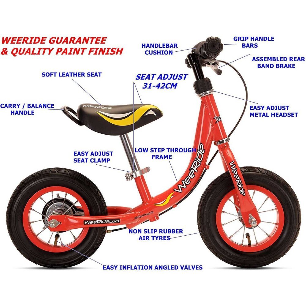 WeeRide Bicicleta copii fara pedale Learn 2 Ride WR12R 10 inch frana de mana varsta 18 luni-4 ani scaun ajustabil pe inaltime de la 31-42 cm roti pneumatice