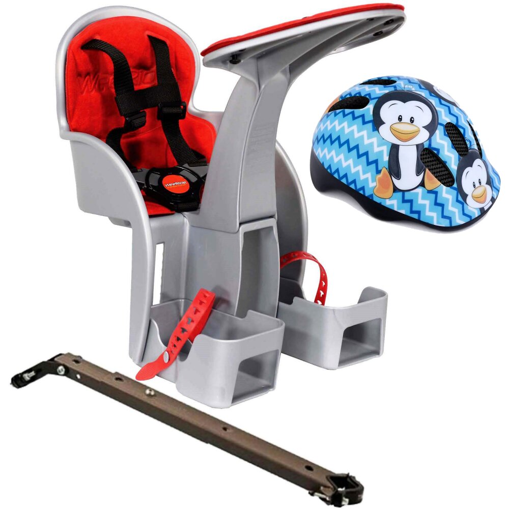 WeeRide Scaun bicicleta copii SafeFront Clasic pozitie montare centru 15 kg si casca protectie XS 44-48 Penguin grirosu