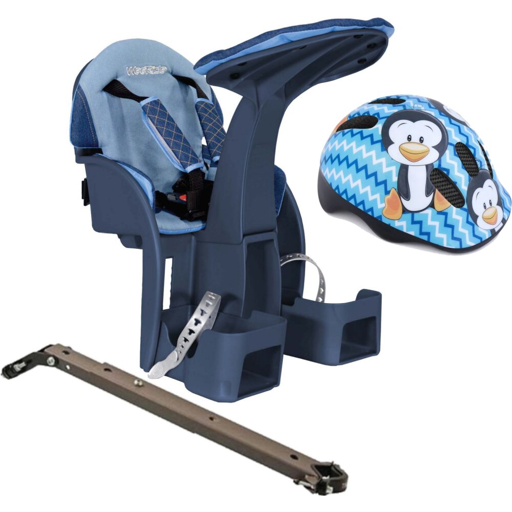 WeeRide Scaun bicicleta copii SafeFront Deluxe pozitie montare centru 15 kg si casca protectie XS 44-48 Penguin denim